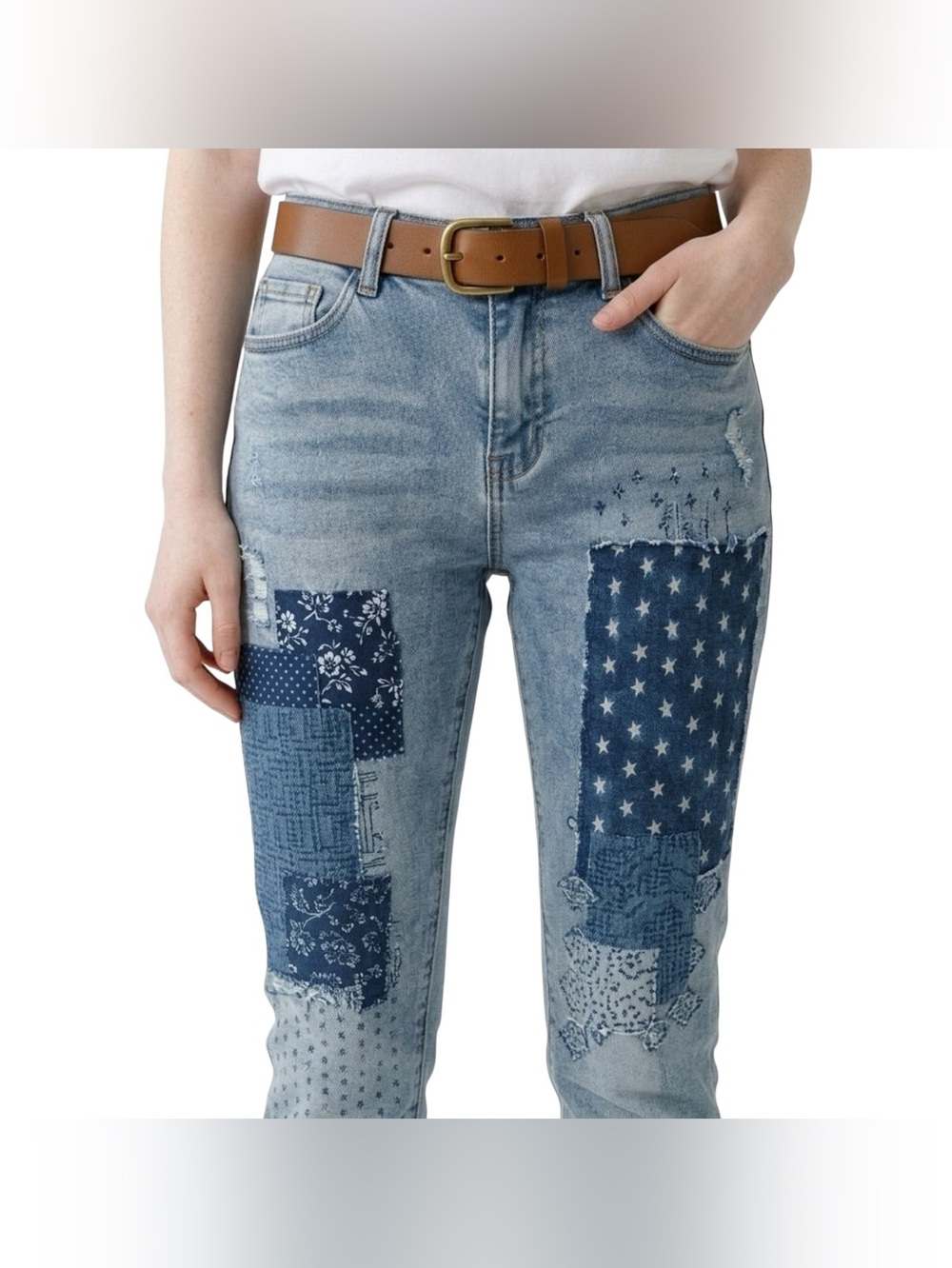 Juliette Patchwork Distressed Boho Grunge Straight Leg Jeans Size 2
